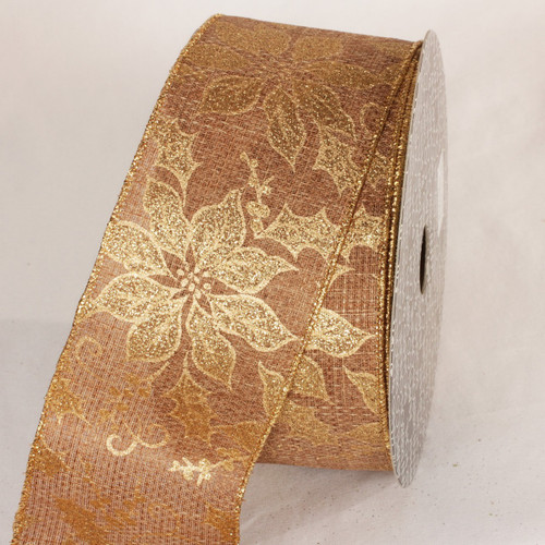 Tan Brown and Gold Poinsettia Wired Craft Ribbon 3" x 20 Yards - IMAGE 1