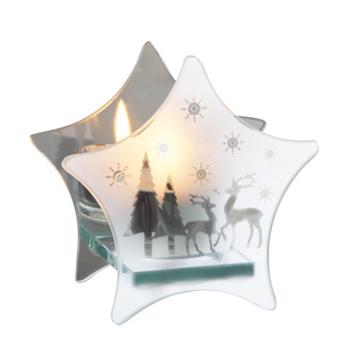 8.5" Clear Frosted Glass Snowflake Reindeer Mirrored Star Christmas Tea Light Candle Holder - IMAGE 1