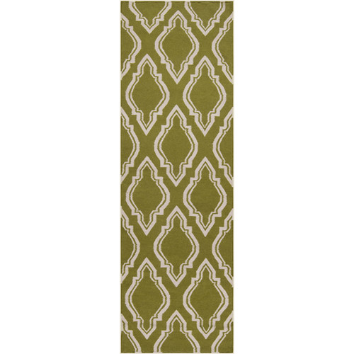 2.5' x 8' Diamond Scroll Avocado Green and White Wool Area Throw Rug - IMAGE 1