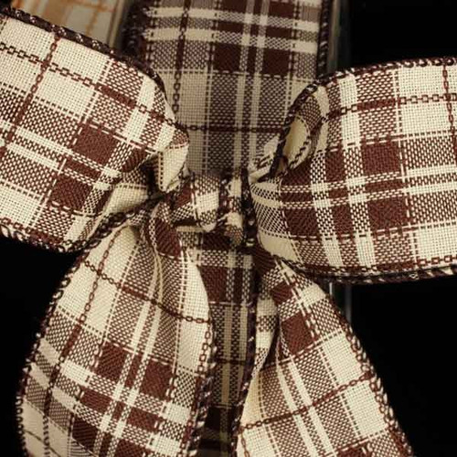 Chocolate Brown and Ivory Plaid Wired Craft Ribbon 1.5" x 40 Yards - IMAGE 1