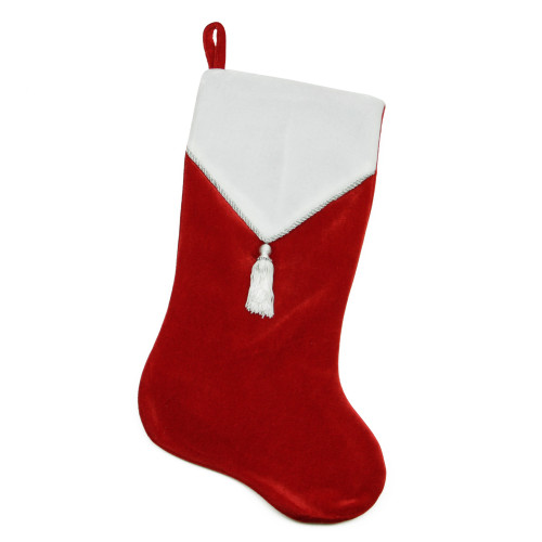 21.5" Traditional Red and White Velveteen Christmas Stocking with Beaded Tassel - IMAGE 1