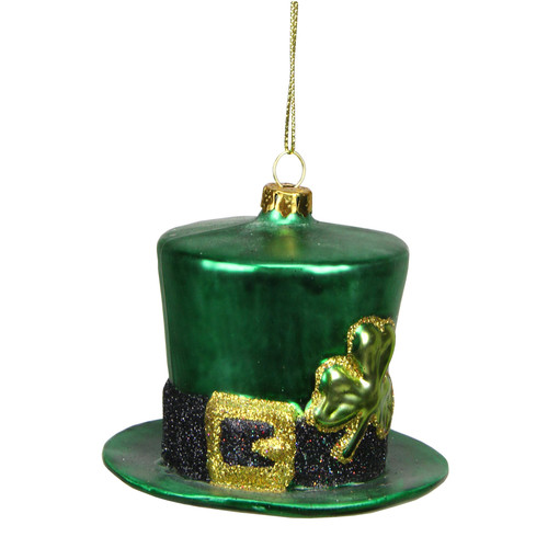 3.25" Luck of the Irish Green, Black and Gold Glittered Glass Top Hat Christmas Ornament - IMAGE 1