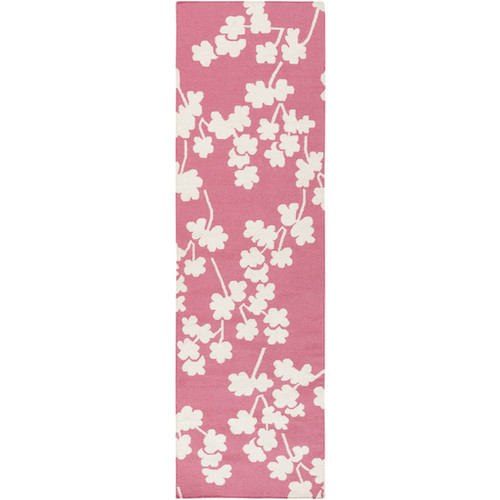 2.5' x 8' Falling Flowers Pink and White Hand Woven Rectangular Wool Area Throw Rug Runner - IMAGE 1