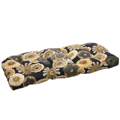 Floral Outdoor Patio Tufted Wicker Loveseat Cushion - 44" - Black and Beige - IMAGE 1
