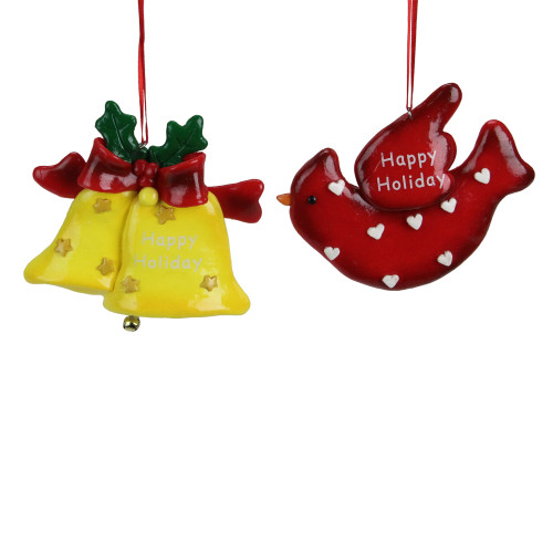 Club Pack of 24 Yellow and Red Happy Holiday Bell and Cardinal Christmas Ornaments 4.25" - IMAGE 1