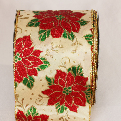 Beige and Red Christmas Poinsettia Wired Craft Ribbon 4" x 20 Yards - IMAGE 1