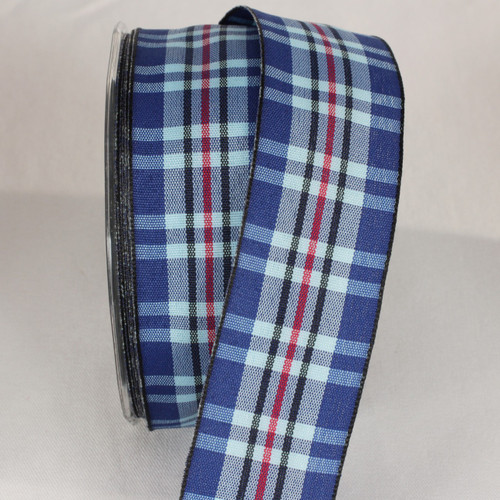 Cobalt Blue and White Plaid Tartan Wired Craft Ribbon 1.5" x 30 Yards - IMAGE 1