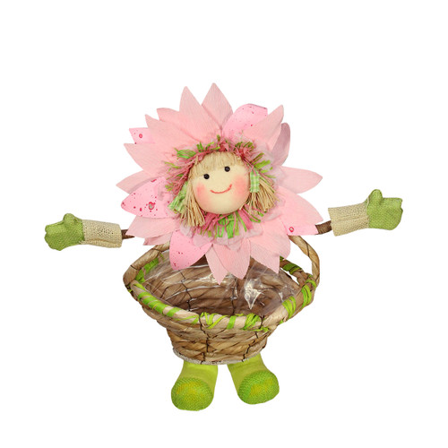 15" Pink, Green and Tan Spring Floral Sunflower Girl with Basket Decorative Figure - IMAGE 1