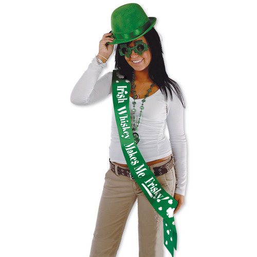 Pack of 6 Green "Irish Whiskey Makes Me Frisky" Satin Sash St. Patrick's Day Accessories 2.75' x 4" - IMAGE 1