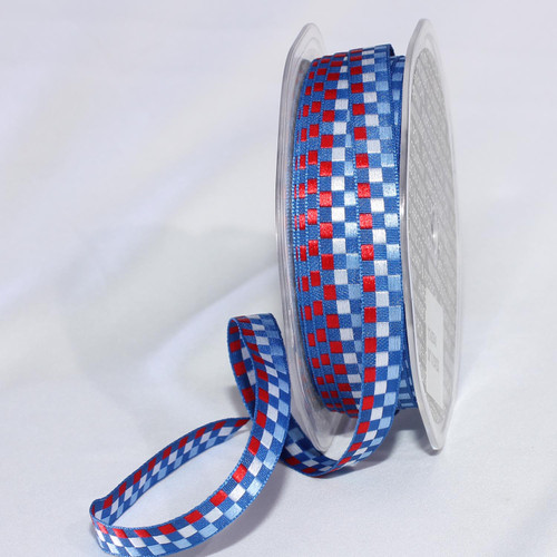 Blue and Red Woven Edge Checkered Wired Craft Ribbon 0.375" x 132 Yards - IMAGE 1