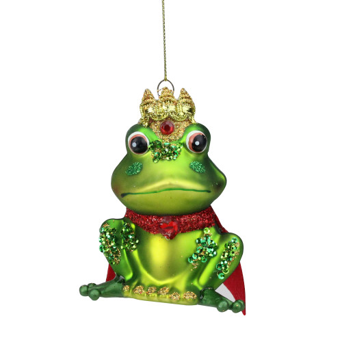 4.25'' Glittered Green and Red Glittered King Frog Glass Christmas Ornament - IMAGE 1