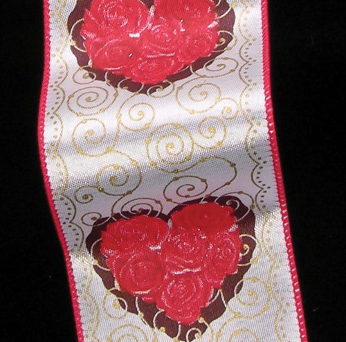 White and Red Heart Print Wired Craft Ribbon 2.5" x 20 Yards - IMAGE 1