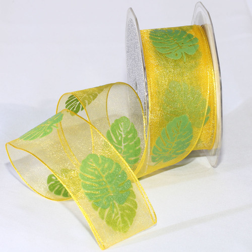 Set of 2 Yellow with Green Wired Craft Ribbon 1.5" x 44 Yards - IMAGE 1