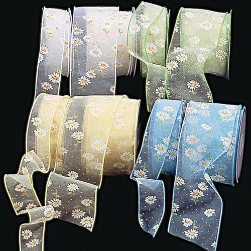 Sheer Soft Yellow Chamomile Flowers Print Wired Craft Ribbon 3" x 20 Yards - IMAGE 1