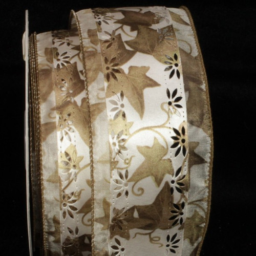 Brown and White Marguerite Embossed Print Wired Craft Ribbon 2.5" x 20 Yards - IMAGE 1