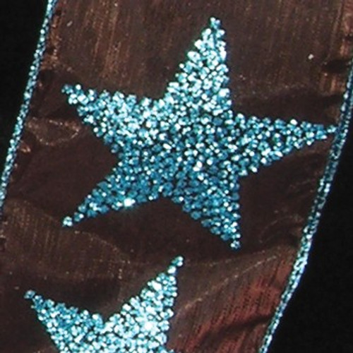 Metallic Sheer Brown and Blue Sparkling Stars Wired Craft Ribbon 2.5" x 40 Yards - IMAGE 1