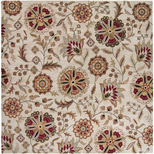 6' x 6' Beige and Red Floral Hand Tufted Square Area Throw Rug - IMAGE 1