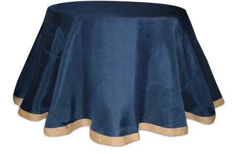 96" Navy Blue and Beige Solid Table Cloth with Bordered Edge - IMAGE 1