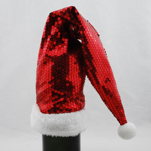 21" Red Sequined Santa Claus Hat Wine Bottle Cover with Faux Fur Cuff - IMAGE 1