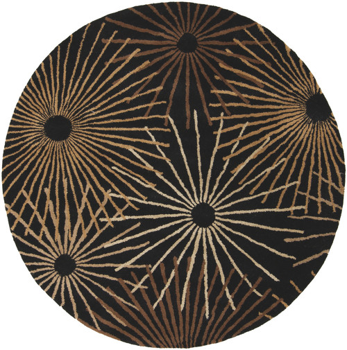 6' Ganesha Sunburst Contemporary Jet Black and Tan Wool Round Area Throw Rug - IMAGE 1