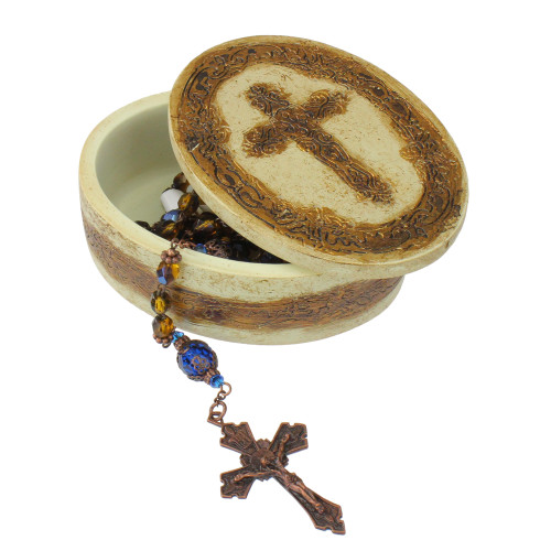 23" Byzantine Blue and Amber 6mm Glass Beaded Rosary with Keepsake Box - IMAGE 1