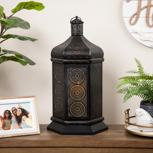 Moroccan Style Pillar Candle Table Lantern - 21.5" - Black and Gold - IMAGE 1