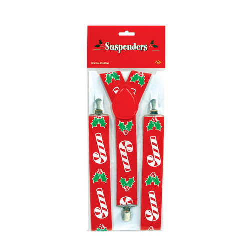 Club Pack of 12 Red and Green Candy Cane and Holly Adjustable Suspender Costume Accessories - IMAGE 1