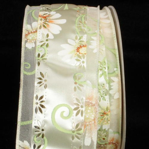 Green and White Margaritte Floral Wired Craft Ribbon 2.5" x 20 Yards - IMAGE 1