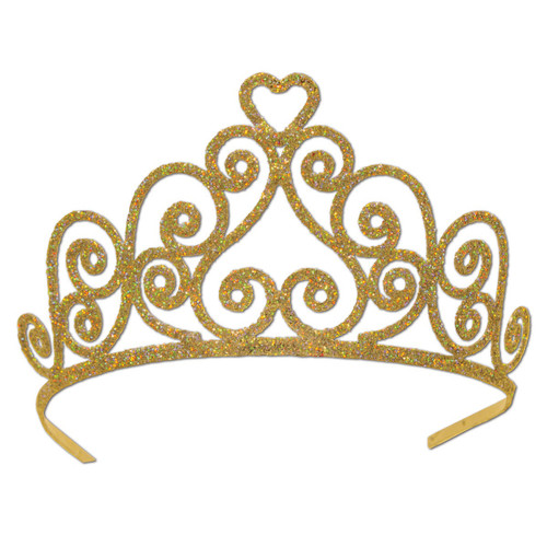 Pack of 6 Elegant Gold Glitter Encrusted Metal Heart Princess Tiara Costume - IMAGE 1