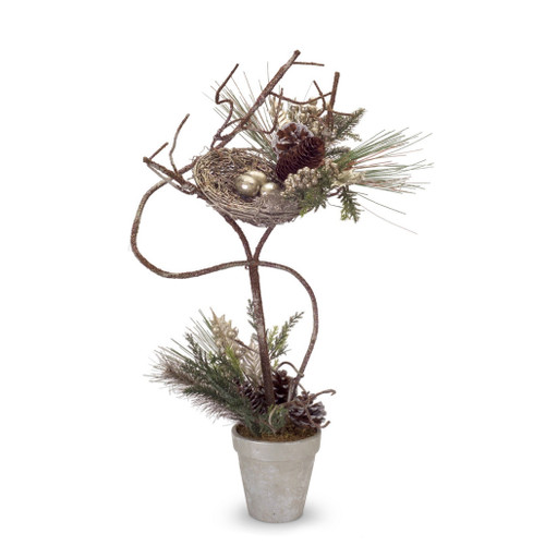 28" Brown Pine Cones and Birds Nest Christmas Topiary Tabletop Tree - IMAGE 1