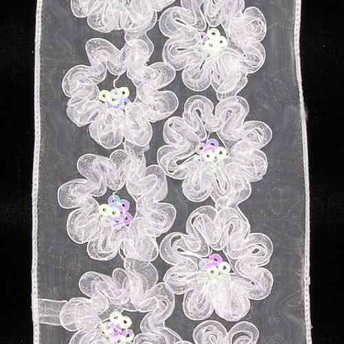 White Flower Applique Wired Craft Ribbon 4" x 10 Yards - IMAGE 1