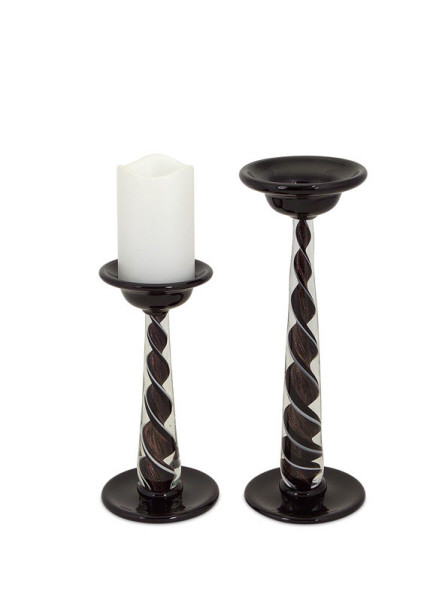 Set of 2 Dark Elegance Black Swirled Glitter Pillar Candle Holders 9.5" - 13.75" - IMAGE 1