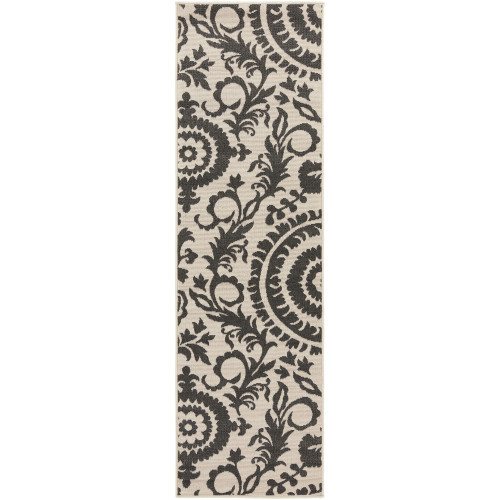 2.25' x 7.75' Flowery Maze Black Olive and Cream White Shed-Free Area Throw Rug Runner - IMAGE 1