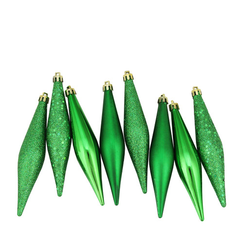 8ct Xmas Green Shatterproof 4-Finish Finial Drop Christmas Ornaments 6" - IMAGE 1