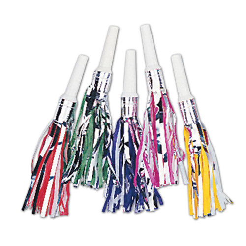 Club Pack of 100 Metallic Multicolor Fringed Trumpet Noisemaker Party Favors - IMAGE 1