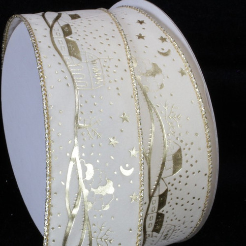 Ivory and Gold Winter's Night Wire Edged Craft Ribbon 2" x 20 Yards - IMAGE 1
