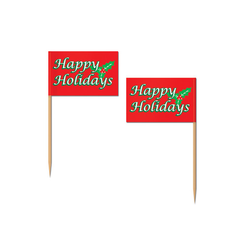 Club Pack of 600 Red and Green "Happy Holidays" Christmas Cocktail Picks 2.5" - IMAGE 1