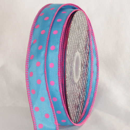 Blue and Pink Polka Dots Printed Wired Craft Ribbon 1" x 80 Yards - IMAGE 1