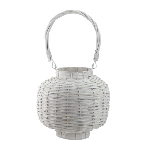 17.5" Beach Day Weathered White Woven Wood Pillar Candle Lantern - IMAGE 1