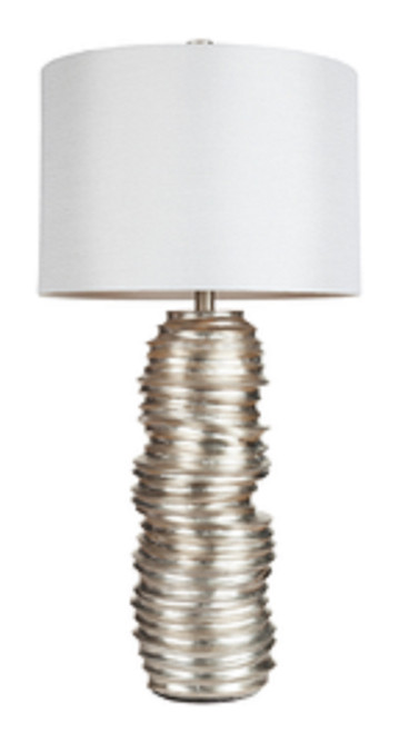 32" Modernist Hammered Metallic Silver Table Lamp with Silver Modified Drum Shade - IMAGE 1