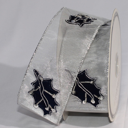 Navy Blue and Silver Leaf Wired Craft Ribbon 2.5" x 10 Yards - IMAGE 1
