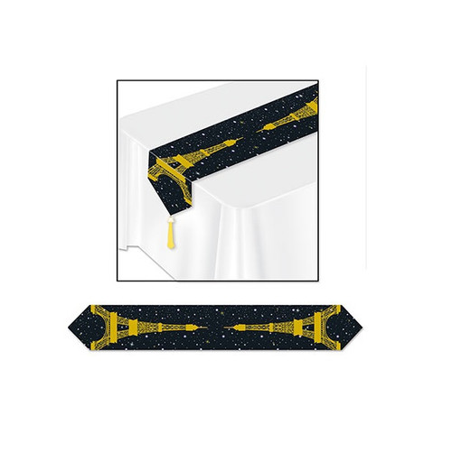 Club Pack of 12 Black and Gold Printed Eiffel Tower Table Runner Party Decors 6' - IMAGE 1