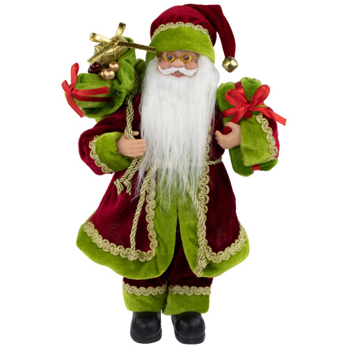 12" Red and Green Santa Claus with Gift Bag Christmas Figure - IMAGE 1
