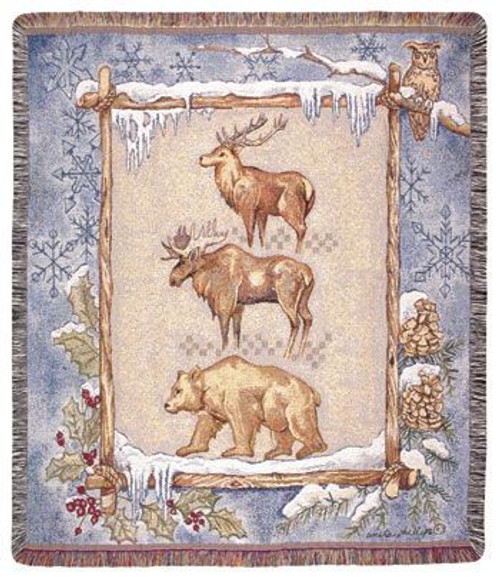 White and Red Elk Moose Bear Printed Winter Scene Tapestry Throw Blanket 50" x 60" - IMAGE 1