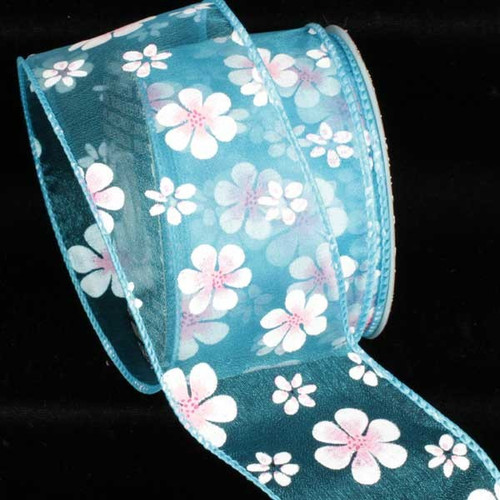 Turquoise Blue Magnolia Wired Craft Ribbon 2.5" x 20 Yards - IMAGE 1