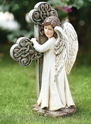 11.75" White Serene Angel Facing a Cross Outdoor Patio Garden Statue - IMAGE 1