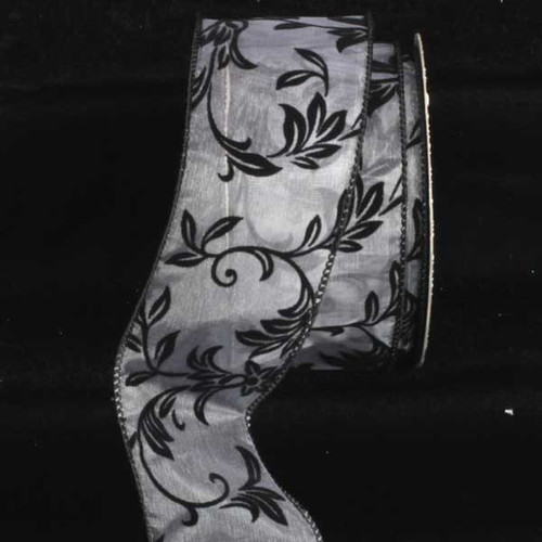 White and Black Leafy Vine Printed Wired Craft Ribbon 2.5" x 20 Yards - IMAGE 1