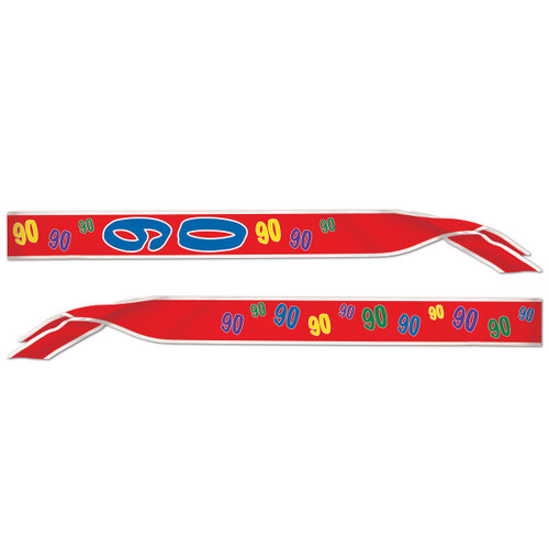 Club Pack of 6 "90th" Red and Multi Colored Satin Sash - IMAGE 1