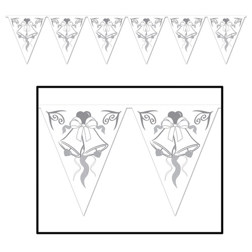 Club Pack of 12 Silver and White Wedding Bell Party Pennant Banner Decors 12' - IMAGE 1