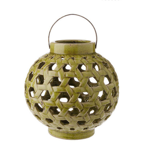 10.25" Tea Garden Caladium Leaf Green Glazed Terracotta Crackled Decorative Pillar Candle Lantern - IMAGE 1
